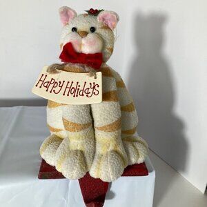 Vintage Cast Iron Christmas Cat Stocking Shelf Sitter Red White Happy Holidays 5